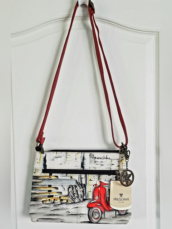 Anuschka Handbags - NWT Anuschka Leather Asymmetric Crossbody Bag Roman Dreams Scooter Art 8354